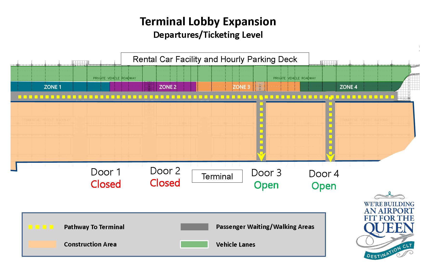 terminal lobby expansion map of departure level ticketing area and arrival level and baggage claim area